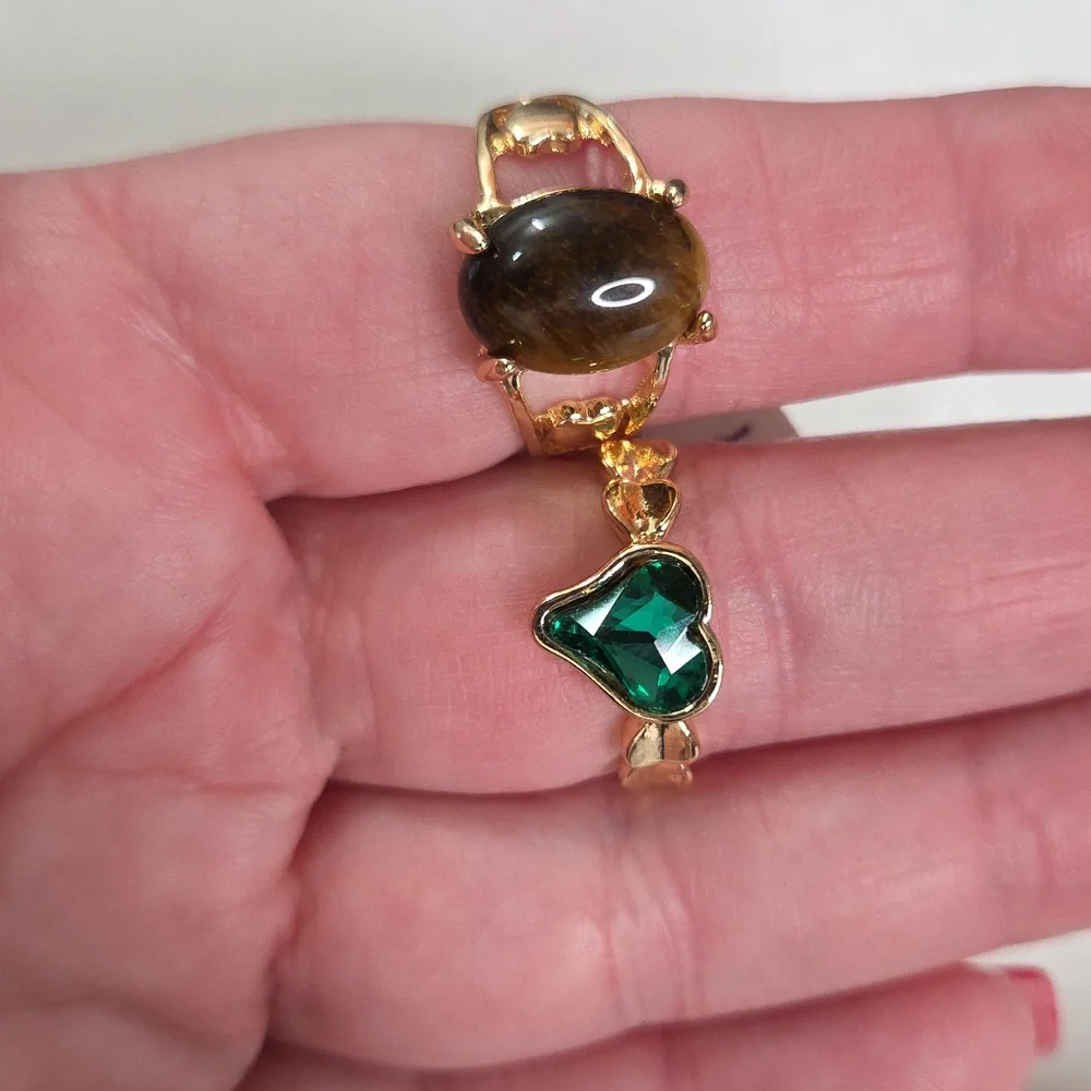 Lot of 2 Fashion Rings Gold Tone Green Heart & Dark Brown Stone Fashion Rings 9